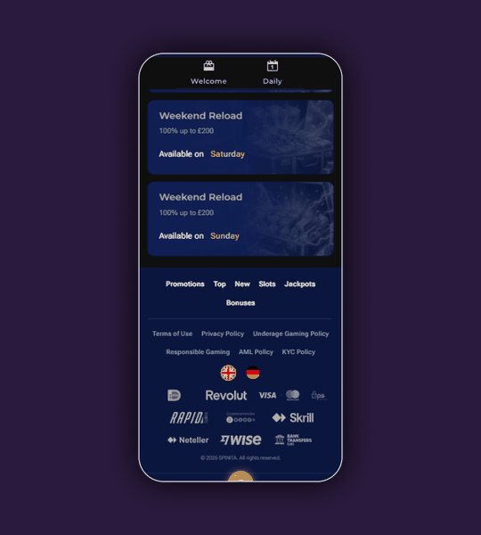 Spinita Casino payment methods grid with card, ewallet, bank and crypto options