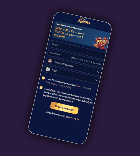 Ecran d inscription Spinita Casino relie a la verification du compte et aux outils de jeu responsable